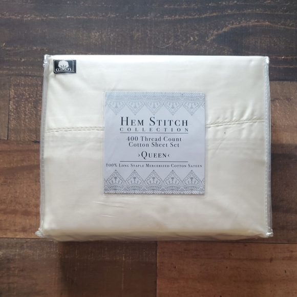 New $78 HEM STITCH COLLECTION 100% COTTON SHEET SET 400TC IVORY QUEEN - Picture 1 of 5